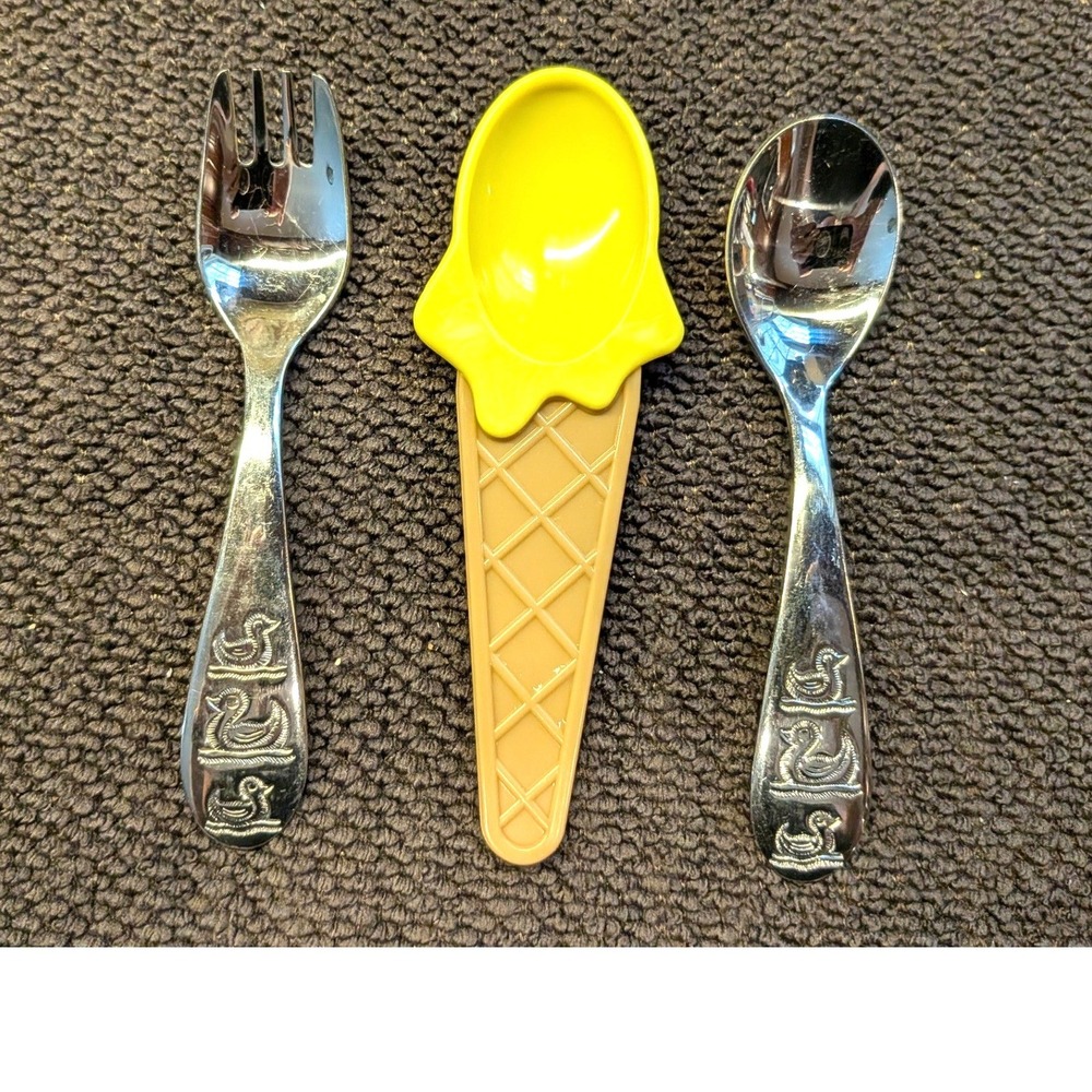 Kids 3pc Stainless Steel Duck & Ice Cream Cone Utensil Set